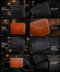 A 6x3 collage of men's slim cardholder wallets shown in different colors and styles, with text callouts highlighting features such as premium craftsmanship, fine stitching, genuine leather, sleek design, minimalist everyday carry, and premium quality gift packaging.