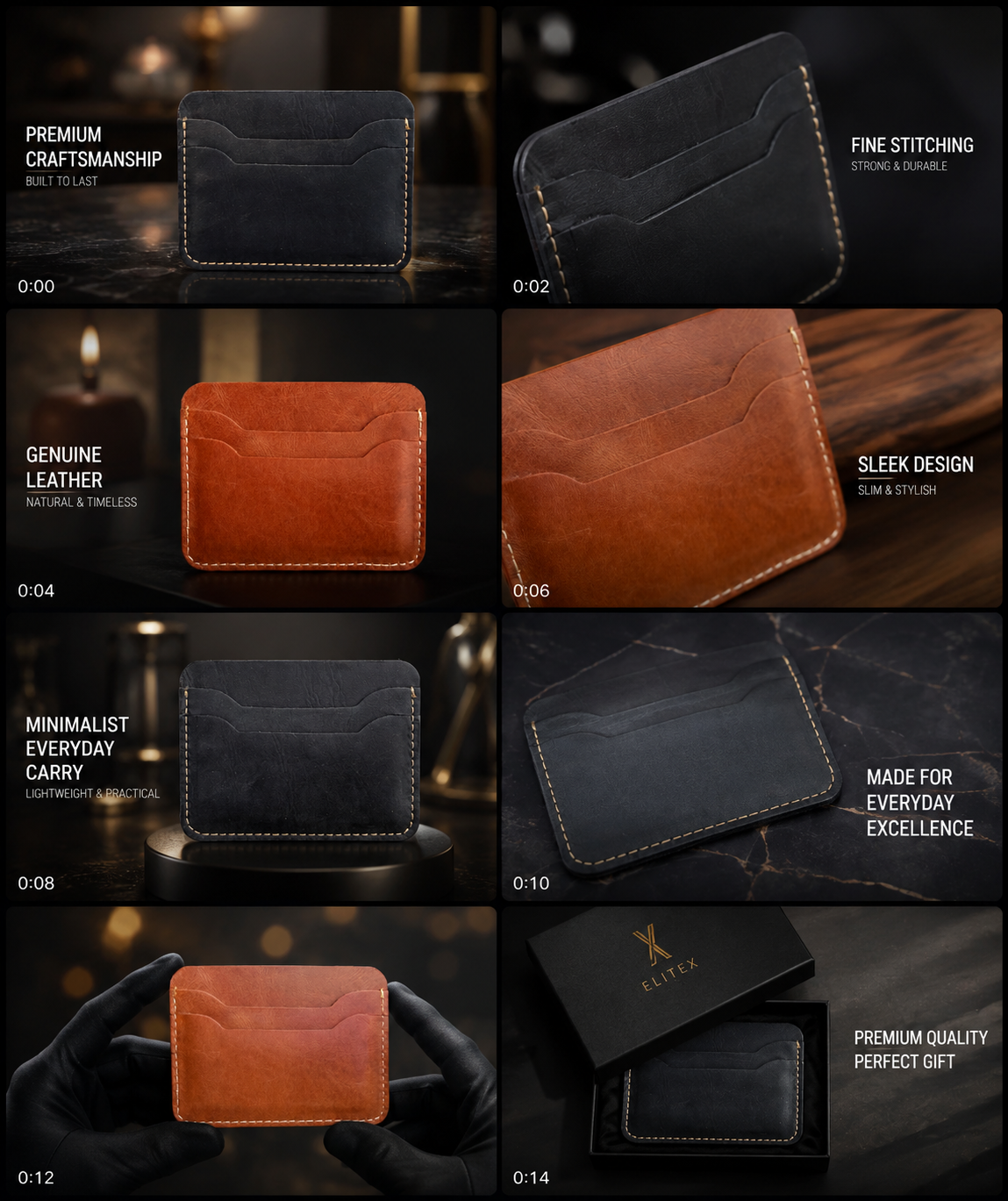 A 6x3 collage of men's slim cardholder wallets shown in different colors and styles, with text callouts highlighting features such as premium craftsmanship, fine stitching, genuine leather, sleek design, minimalist everyday carry, and premium quality gift packaging.