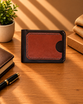 Premium handcrafted leather wallet in black and brown, featuring a dual-panel design, detailed stitching.