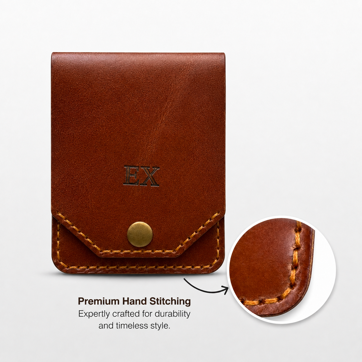 A brown leather card holder or wallet with a flap closure and brass snap button, shown on a light gray background. The front has an embossed 'EX' logo, and a circular inset highlights premium hand stitching.