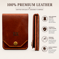 A brown leather card holder wallet shown from the front and side on a light beige background, with text highlighting premium leather, stitching, durability, and slim compact design.