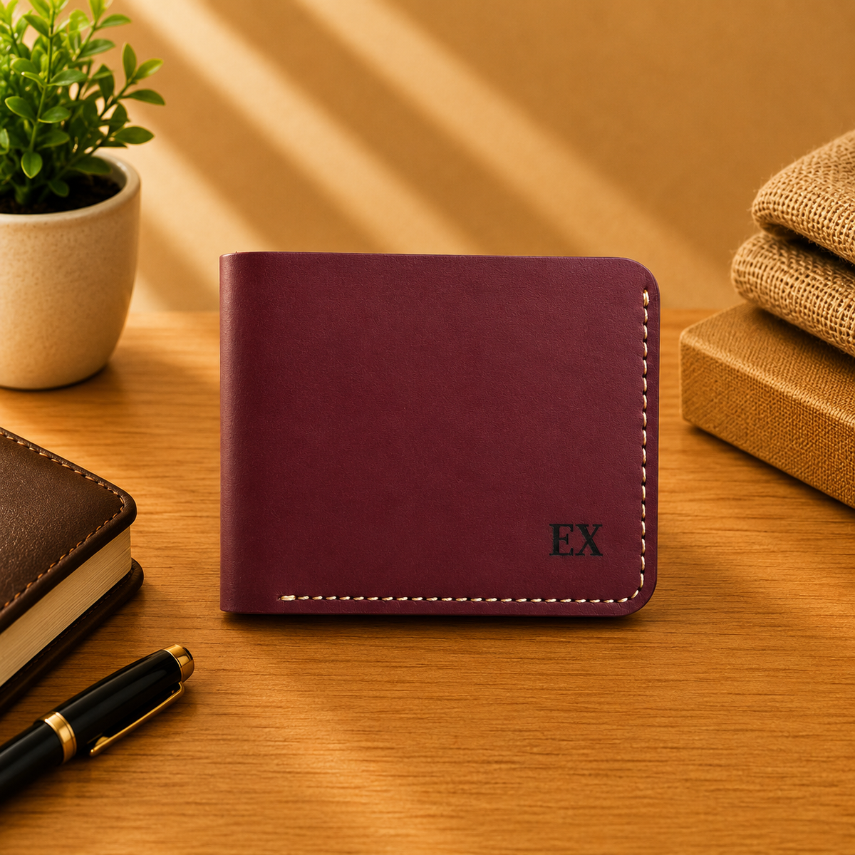 A burgundy leather bifold wallet with white contrast stitching and an embossed 'EX' monogram, displayed on a wooden desk next to a notebook, pen, and a small potted plant.