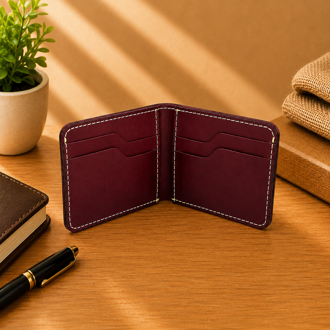 A burgundy leather bifold wallet shown open on a wooden desk, with card slots visible on both sides and white contrast stitching. A small potted plant, notebook, pen, and folded fabric are arranged around it in a warm, styled setting.