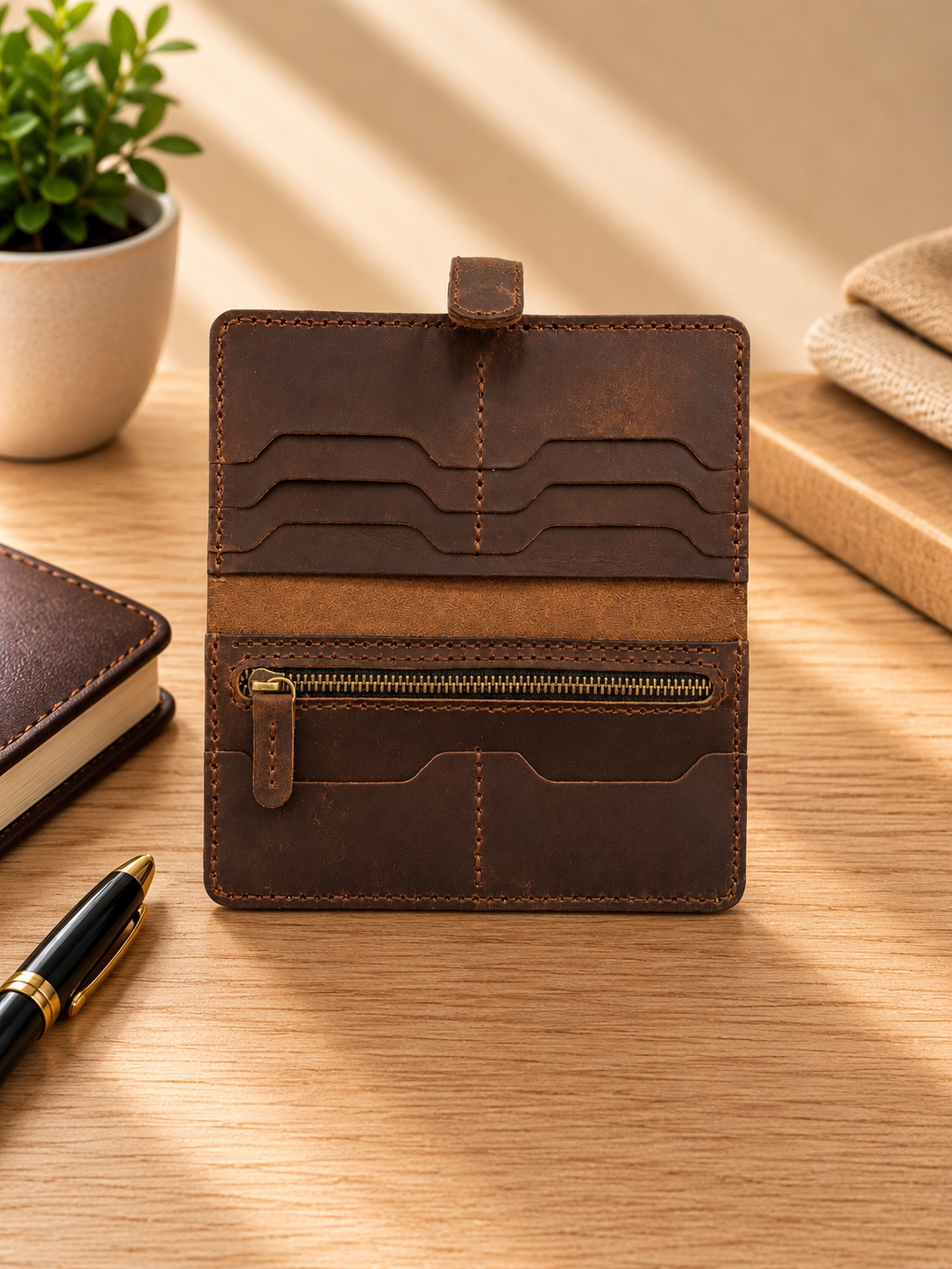 EliteX Long Book Handcrafted Genuine Cowhide Leather Brown Wallet | Secure Tab Closure | Spacious Everyday Carry