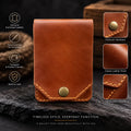 A brown leather card holder wallet with a snap button closure, shown on a dark textured surface with feature callouts and detail inset images on the sides.