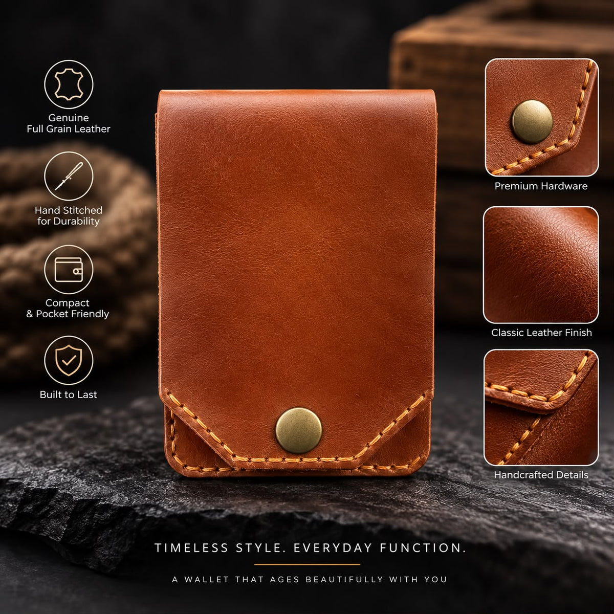 A brown leather card holder wallet with a snap button closure, shown on a dark textured surface with feature callouts and detail inset images on the sides.