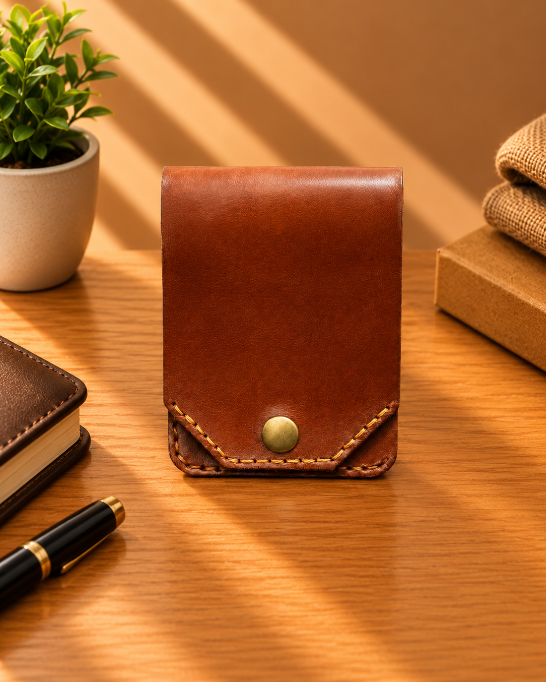 A brown leather card holder wallet with a top flap and card slots.