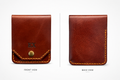 A brown leather card holder wallet shown from both front and back views on a light gray background. The front view features a flap closure with a brass snap button and an embossed 'EX' logo, while the back view shows the smooth leather surface and contrast stitching.