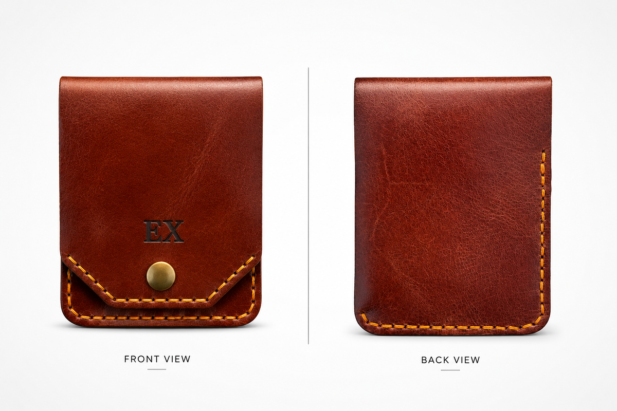 A brown leather card holder wallet shown from both front and back views on a light gray background. The front view features a flap closure with a brass snap button and an embossed 'EX' logo, while the back view shows the smooth leather surface and contrast stitching.